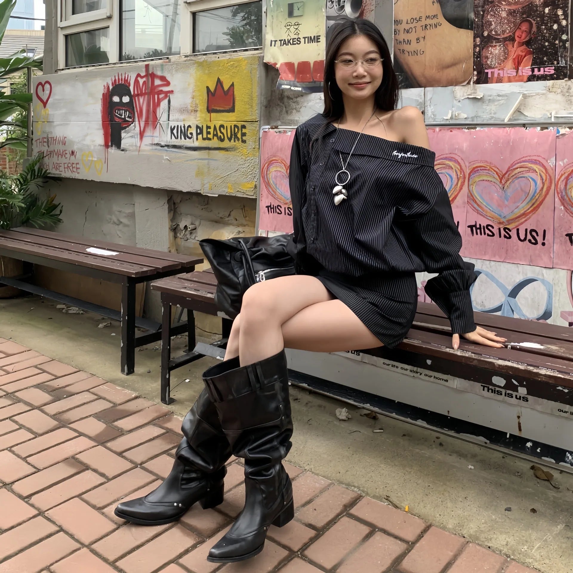 Black pointed toe chunky heel slimming pile style boots with leather lining and rubber sole