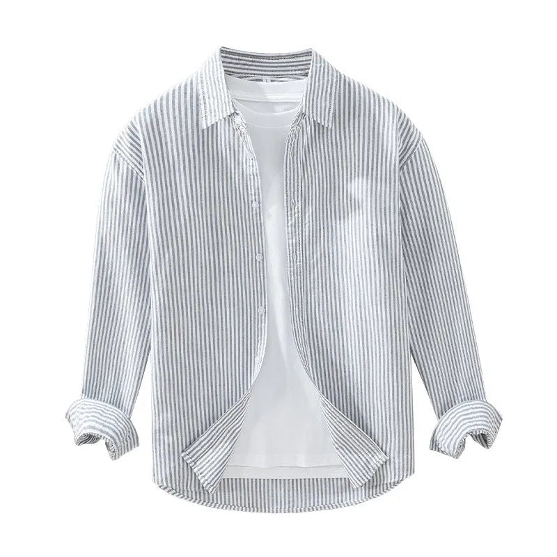 Men's loose long-sleeved vertical striped shirt in pure cotton, grey or blue and white stripes, sizes M to 3XL