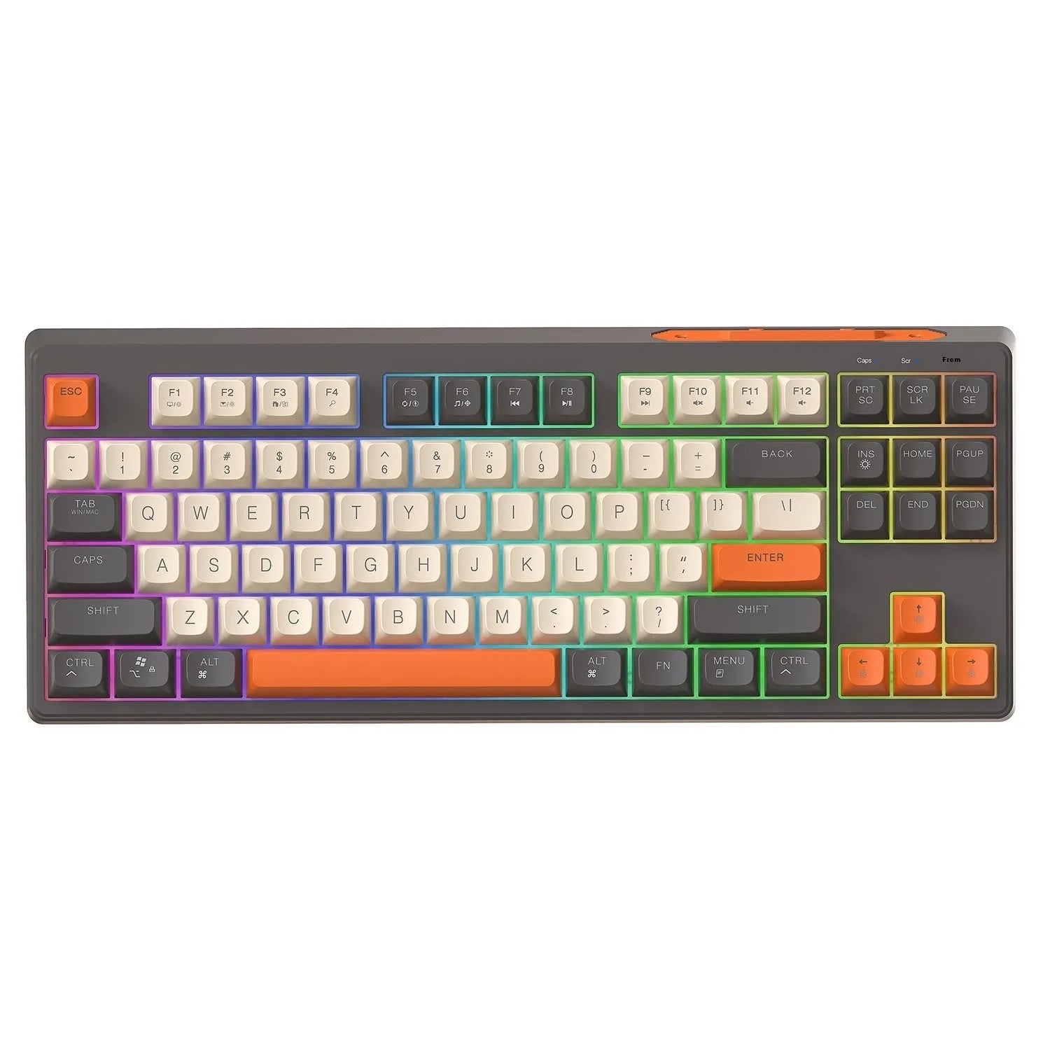 M87 wireless dual-mode mechanical feeling keyboard in blueberry colour on a desk.