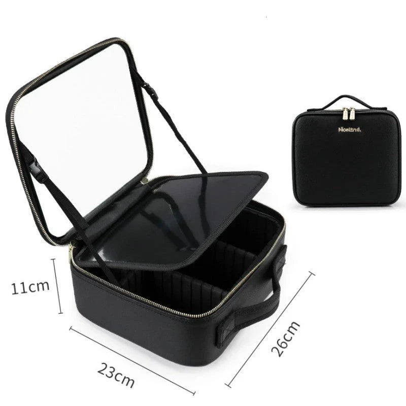 Luxury lighted vanity case with large storage compartment, adjustable professional lighting, and high-definition mirror for flawless on-the-go makeup application