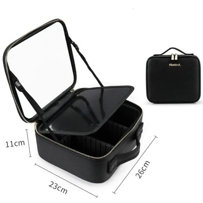 Luxury lighted vanity case with large storage compartment, adjustable professional lighting, and high-definition mirror for flawless on-the-go makeup application