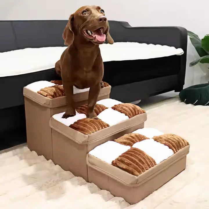Handmade cotton dog stairs with storage space in brown colour chessboard pattern for small pets