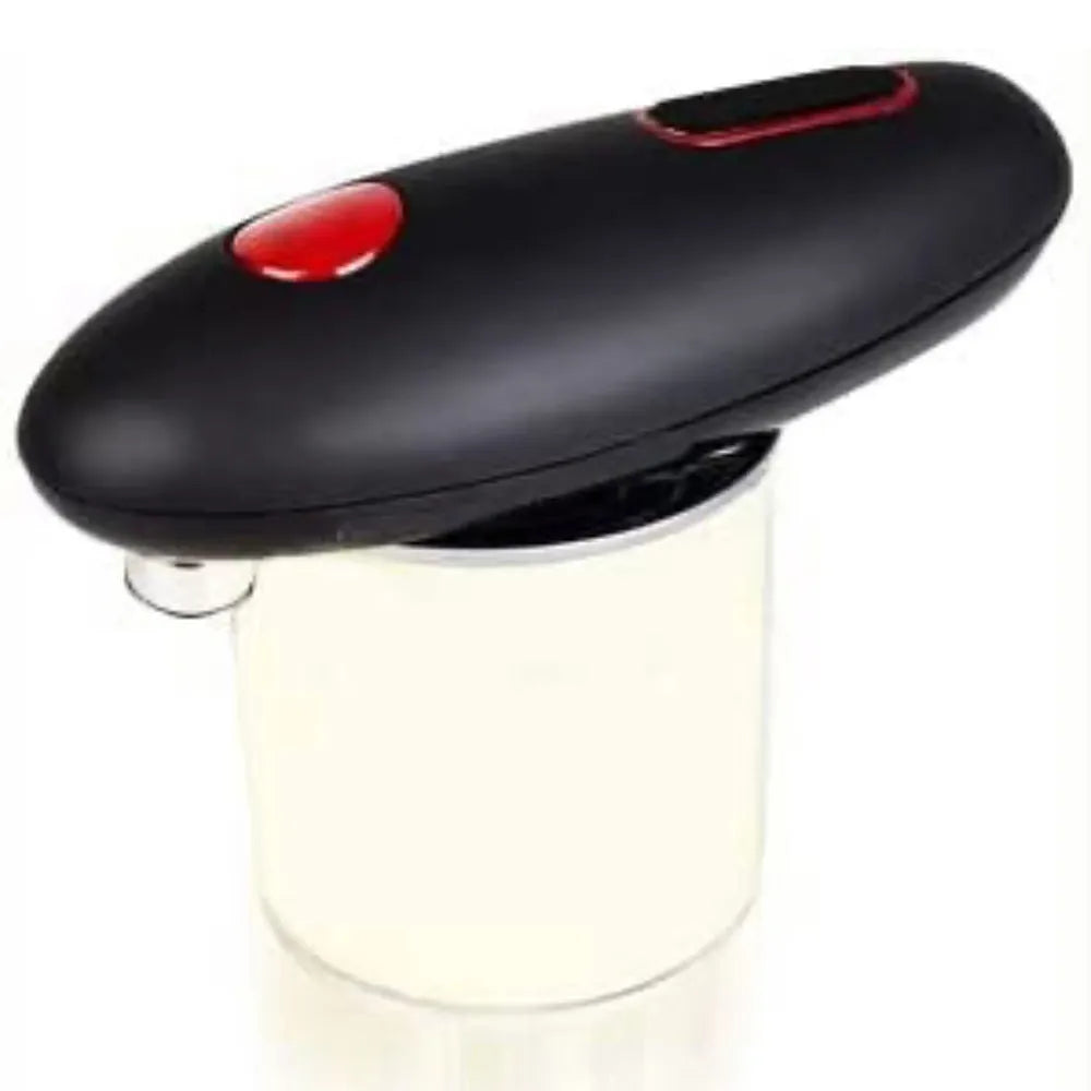 Black plastic electric can opener with battery compartment and cutting mechanism