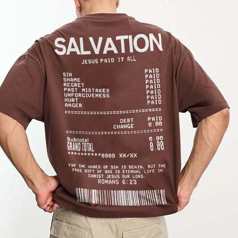 Jesus Paid It All letter print T-shirt in apricot, round neck, 100% polyester casual top