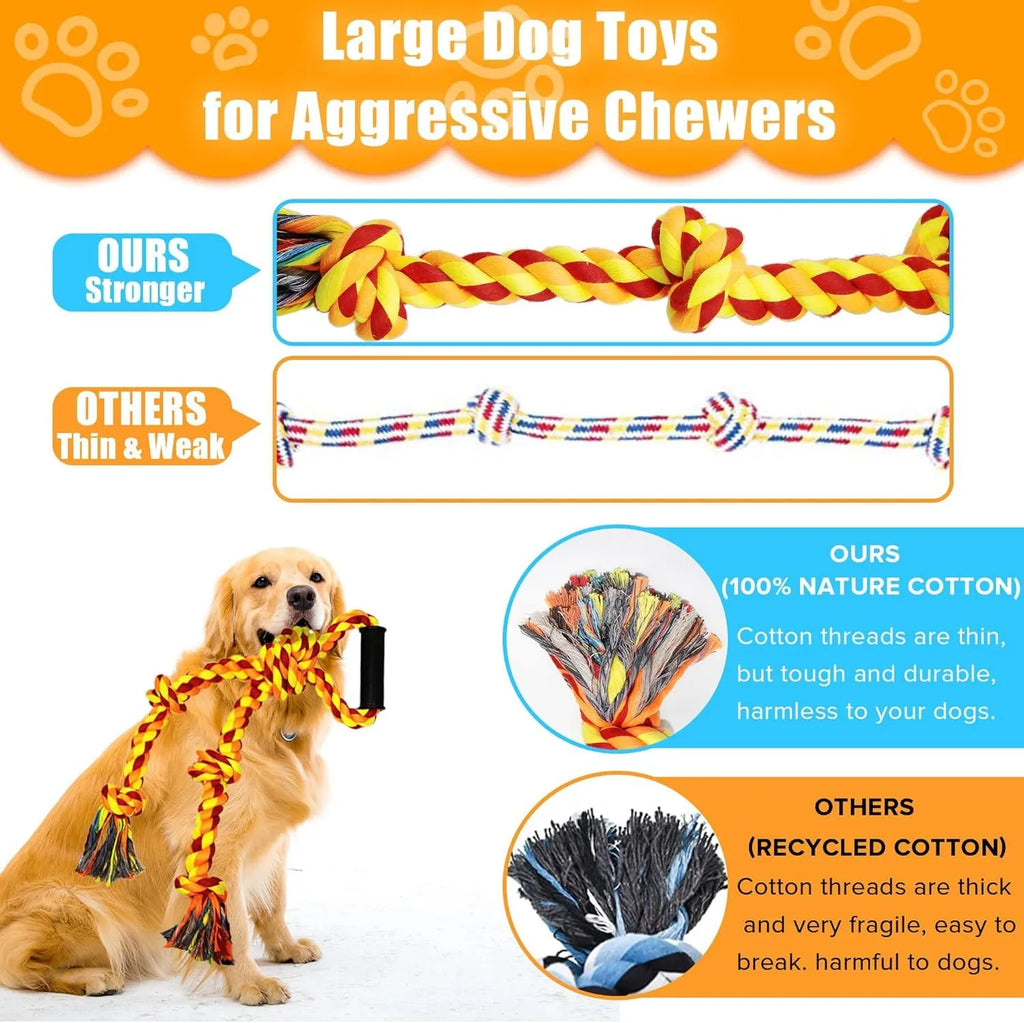 Blue and yellow woven cotton rope dog tug toy with ergonomic handle for large breed dogs.
