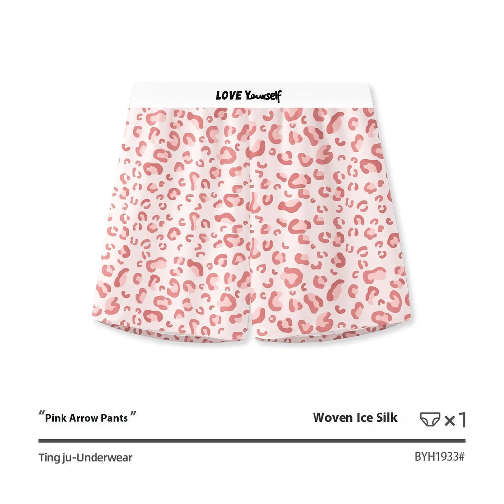Men's leopard print woven boxer briefs in ice silk polyester fabric showing animal pattern design