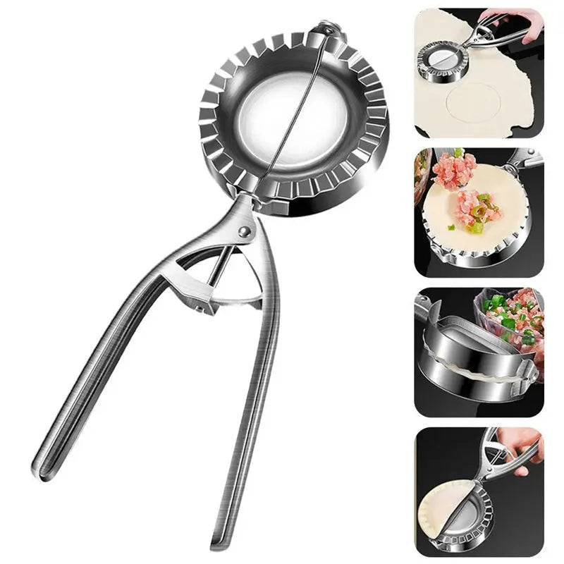 Silver stainless steel manual dumpling maker tool for pressing homemade dumplings.