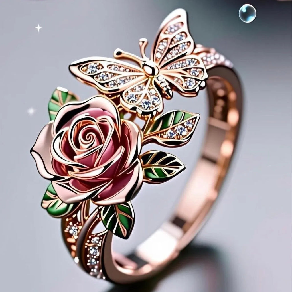 Adjustable colourful butterfly ring with oil droplet treatment and floral detailing