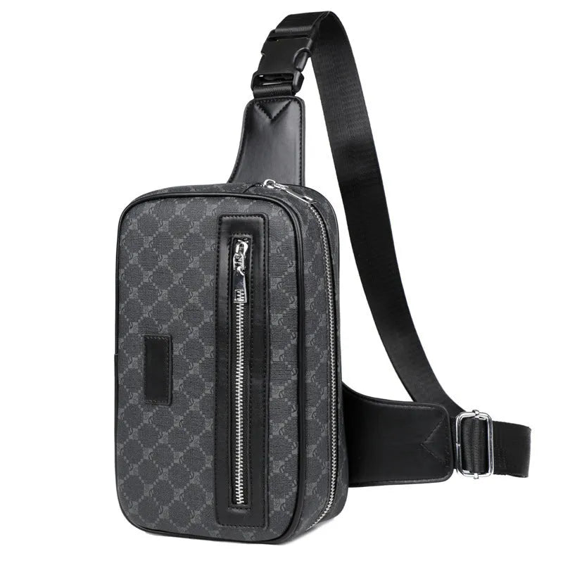 Men's black crossbody shoulder bag with printed chest design and sewing line detailing