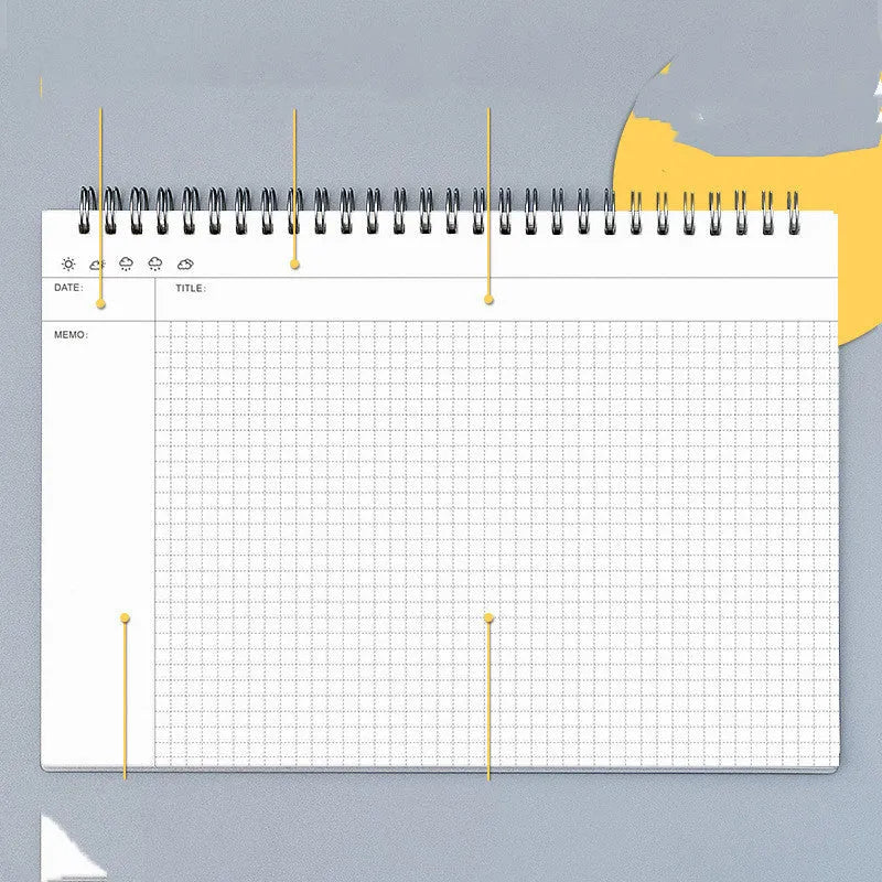 A4 mind map notebook with soft leather cover open to show template and 80g paper pages