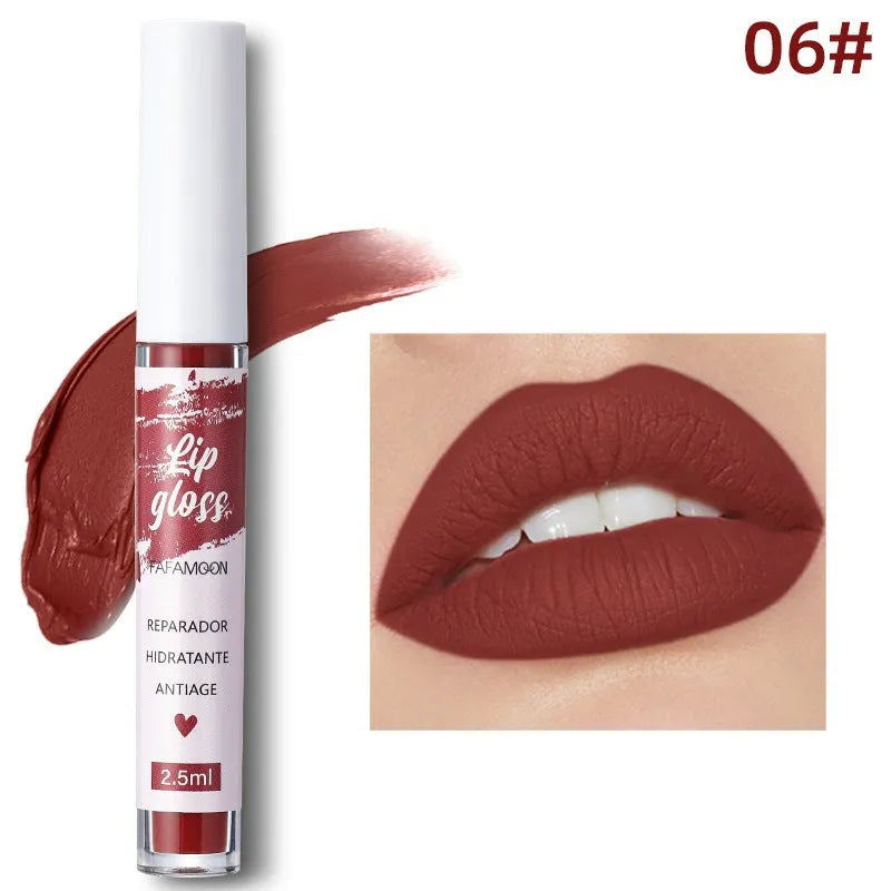 Matte velvet lip gloss tube in 2.5ml with long-lasting non-fading waterproof formula, available in 12 colours