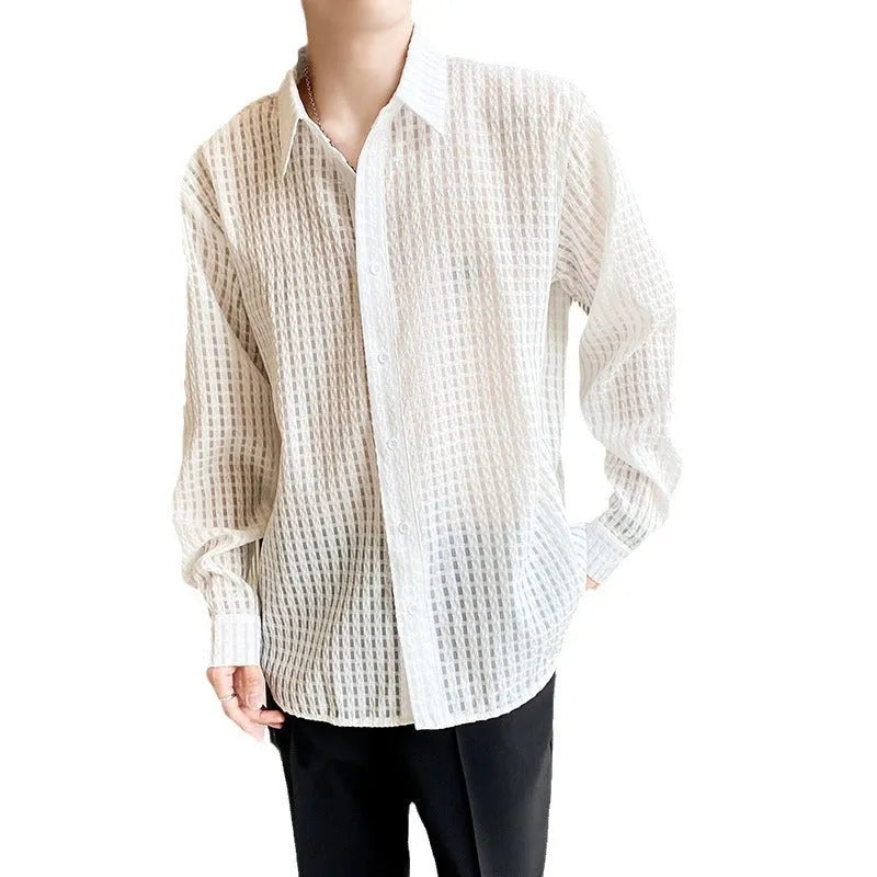 Loose draping inner white plaid shirt, chemical fibre blend, cardigan style, for teenagers