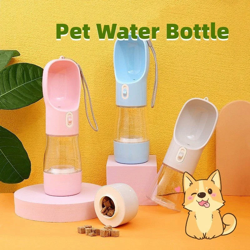 Portable pet water bottle with food bowl, available in various colors and styles for outdoor travel and adventures with your dog