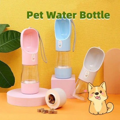 Portable pet water bottle with food bowl, available in various colors and styles for outdoor travel and adventures with your dog