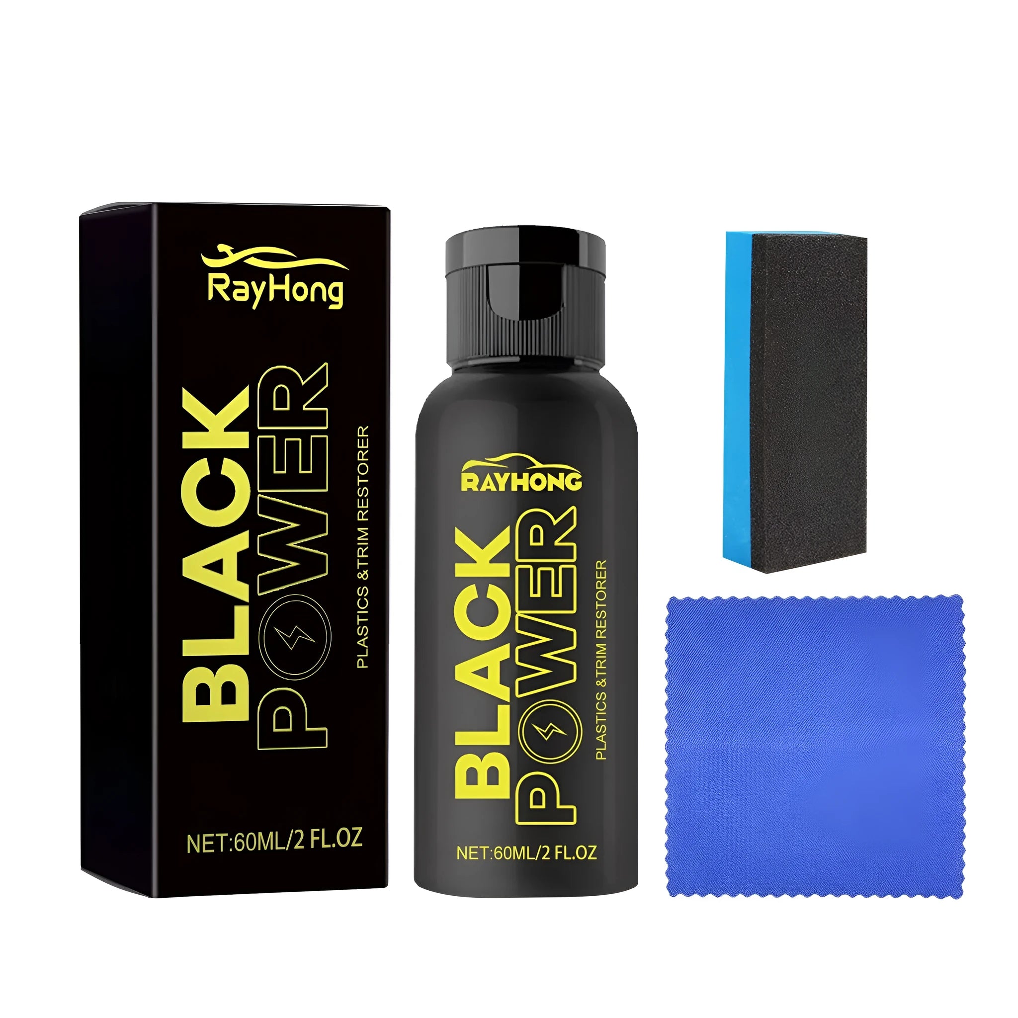 Automotive plastic refurbishment agent set with 60ml bottle, sponge, and microfibre cloth