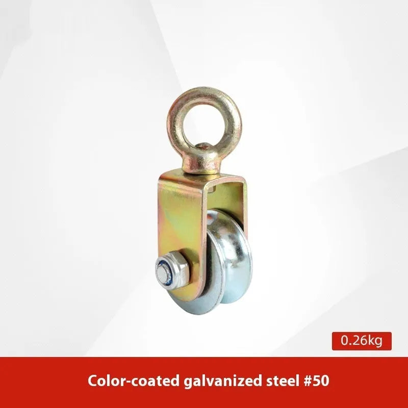 Red industrial lifting pulley with a forged steel hook and safety latch, rated for general lifting use.
