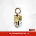 Red industrial lifting pulley with a forged steel hook and safety latch, rated for general lifting use.