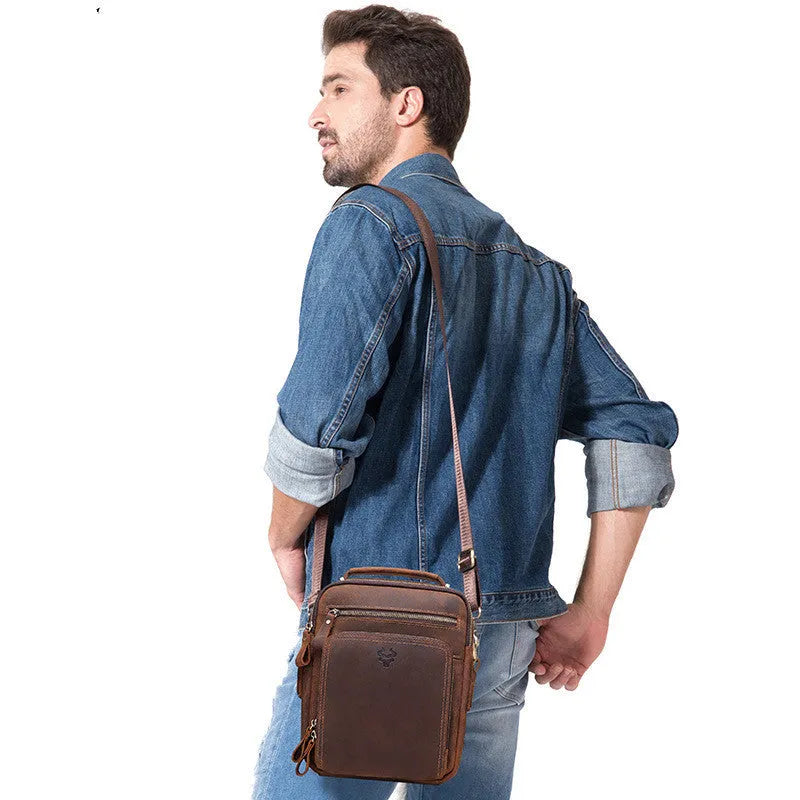 Men's brown Crazy Horse leather crossbody bag with vintage retro styling and visible sewing lines