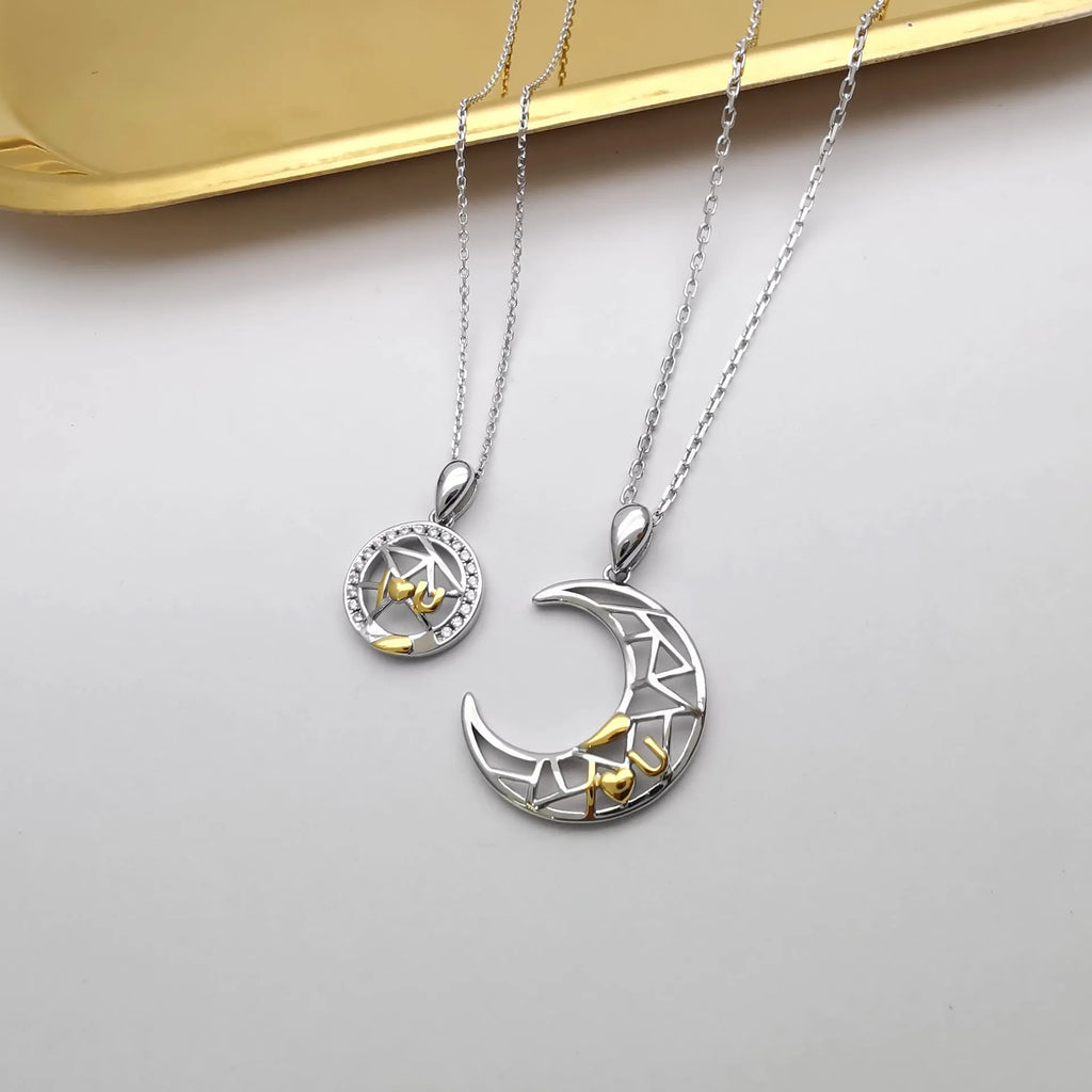 Sun and moon couple necklace with copper pendant and cross chain design for men and women