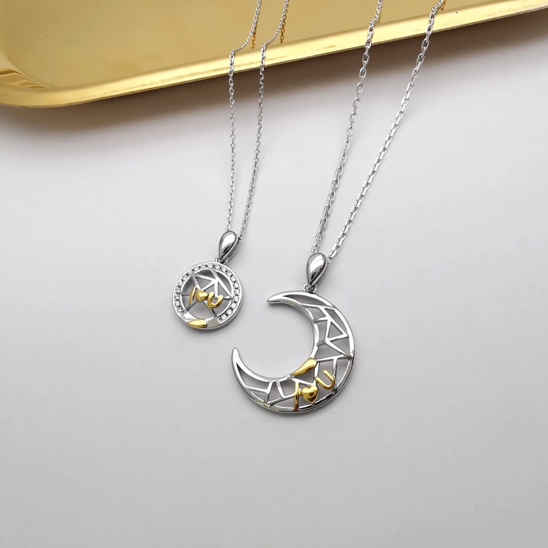 Sun and moon couple necklace with copper pendant and cross chain design for men and women