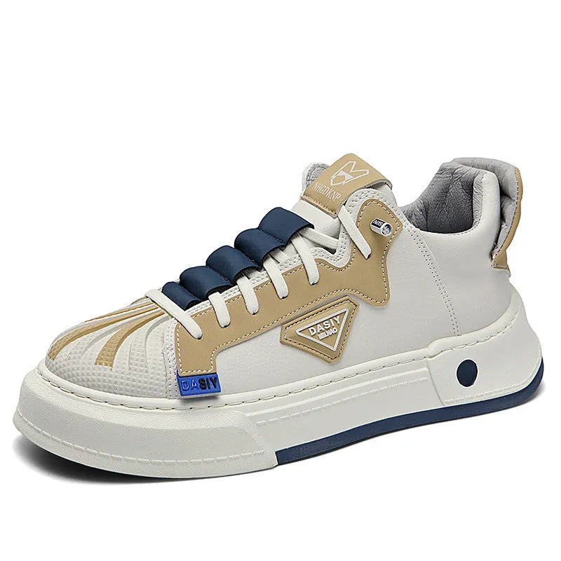 Men's beige low-top sneakers with elastic band closure and leather stitching detail on microfiber upper