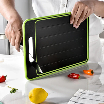 Multifunctional cutting board with defrosting, grinding, and knife sharpening features, made of premium aluminum for high-temperature resistance and easy cleaning.