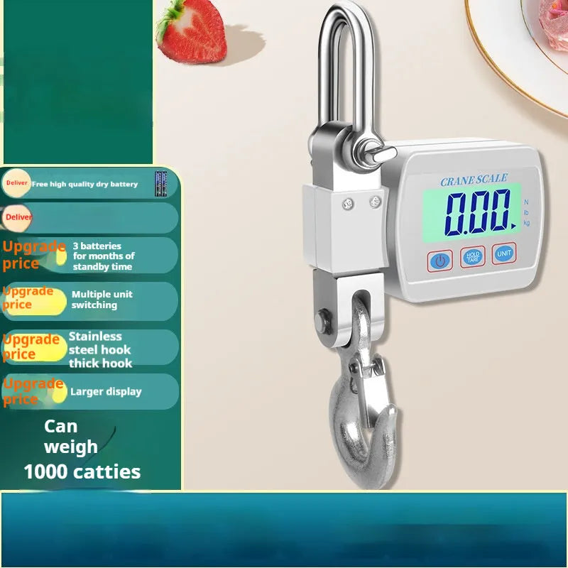 Digital hook scale showing 500kg capacity, 200g precision, and battery-powered operation in three colour options