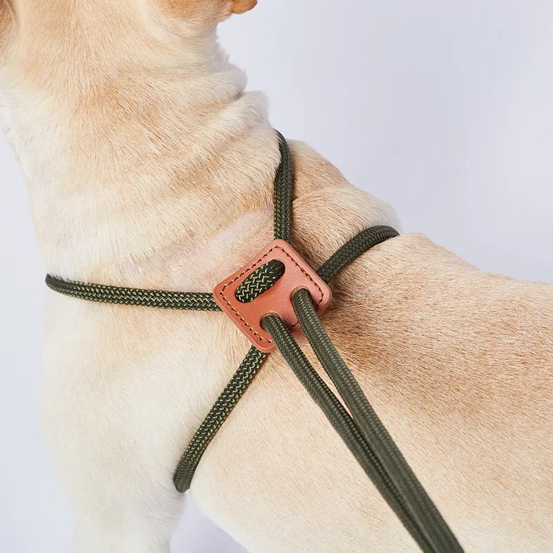 Chest-back dog leash in monochrome design, 143cm long, made from synthetic silk nylon rope and cowhide, in grey.