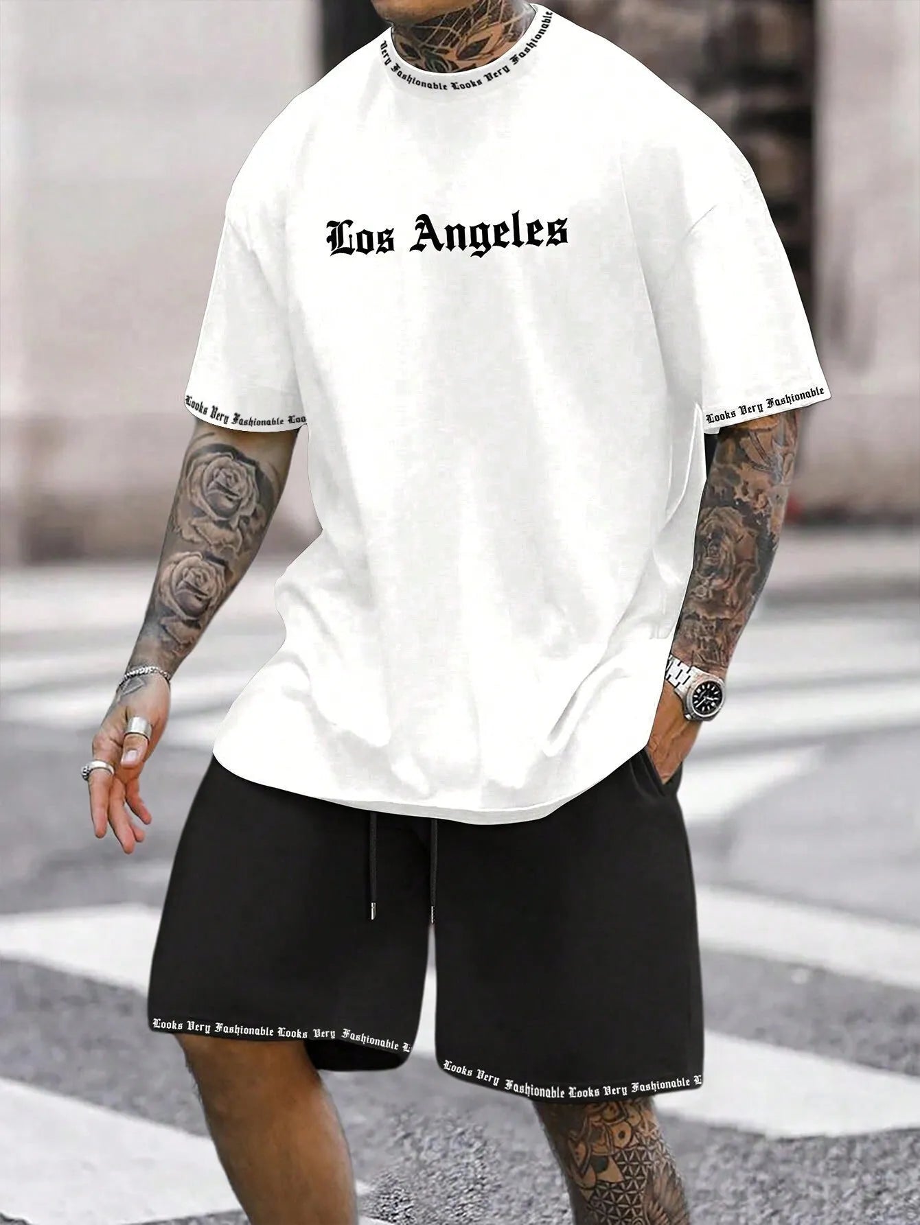 Men's blue printed short-sleeved top and matching shorts, a sports style co-ord set in quick-dry fabric.