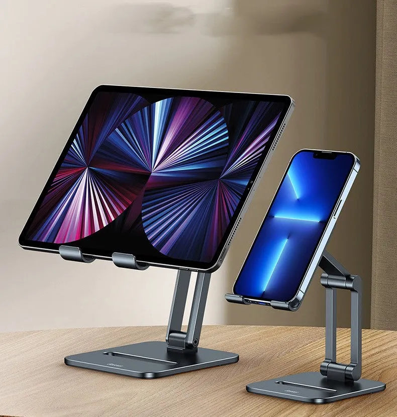 Deep space grey aluminium alloy folding stand for mobile phones and tablets on a desk