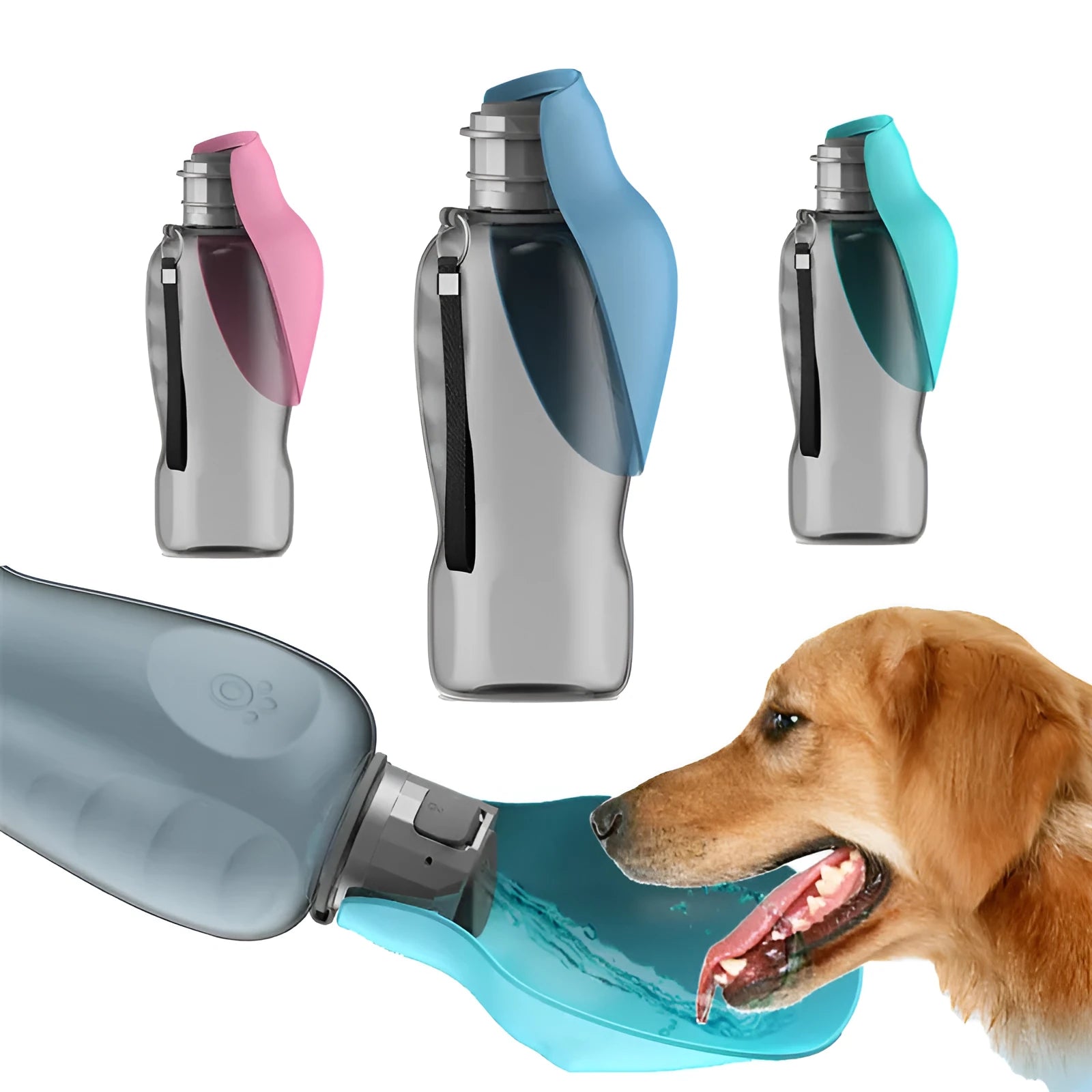 Blue grey portable dog water bottle with foldable drinking bowl showing 800ml capacity