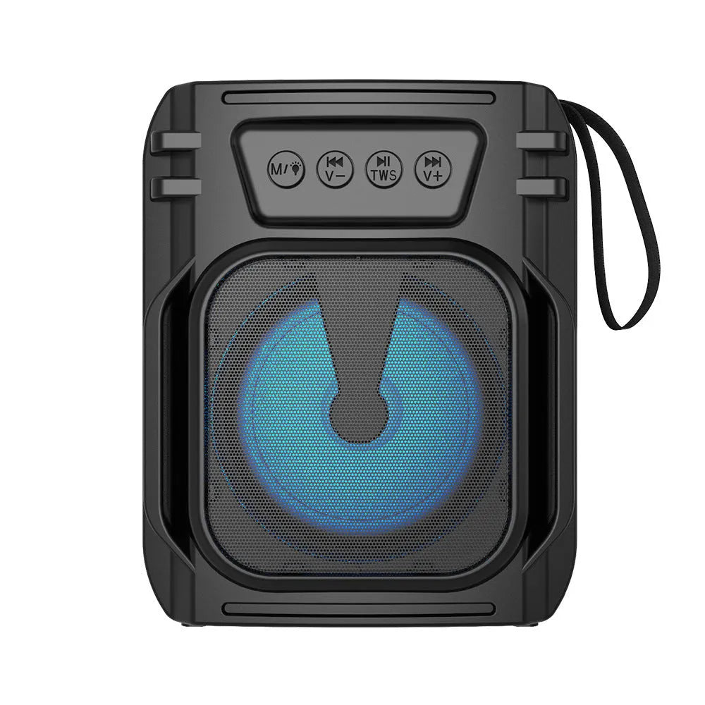 Small portable Bluetooth speaker in colour 3107 with USB charging cable.