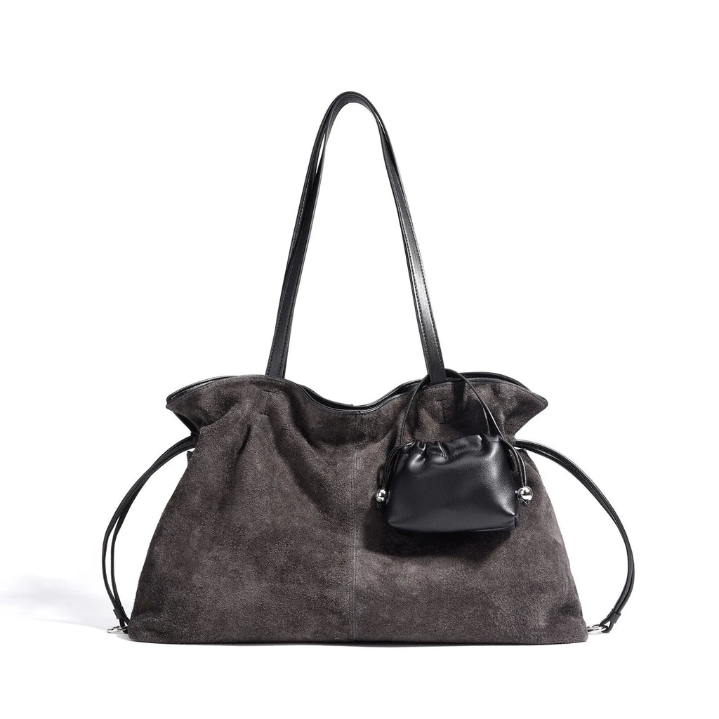 Cortical women's spliced casual crossbody bag in brown genuine suede leather with patchwork detail and crossbody strap
