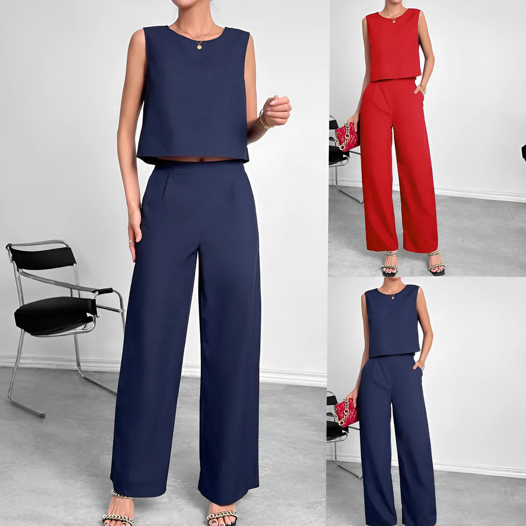 Women's red sleeveless top and wide leg trousers two-piece set