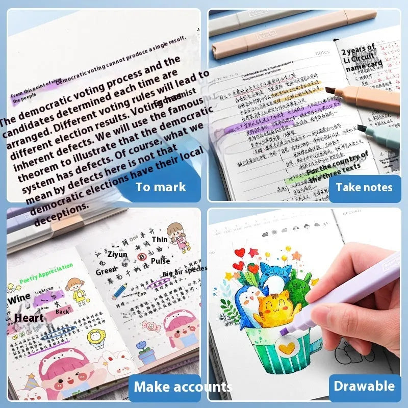Set of double-ended fluorescent highlighting pens in mixed colours on a white surface.
