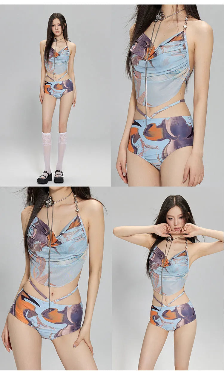 Women's floral print bikini set with triangle top, briefs, and skirt featuring steel wire support
