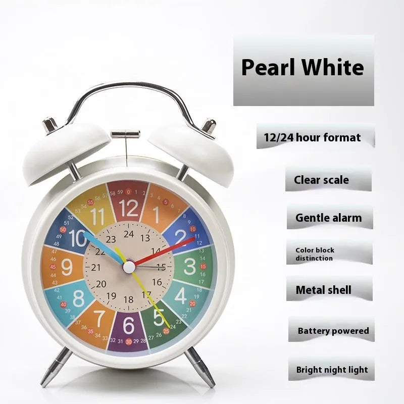 White children's alarm clock with LCD pointer and number display, night light button, and cartoon style design