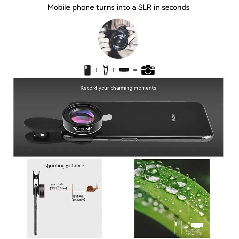 Mobile phone rear macro lens with optical glass and universal clip set on white background
