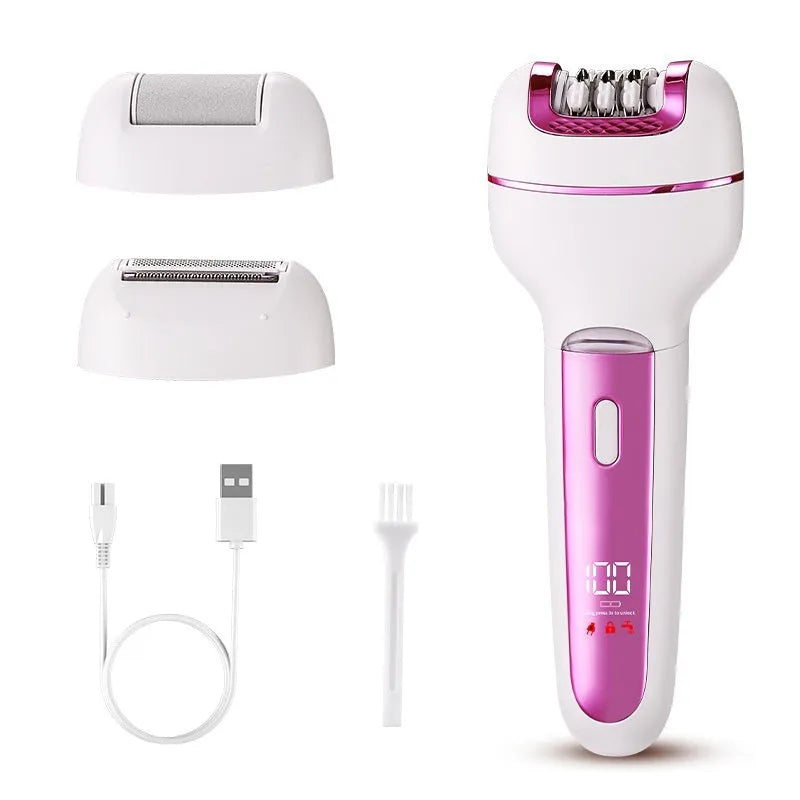 Women's USB-powered 3-in-1 hair removal set with stainless steel blade, gold colour, on white background