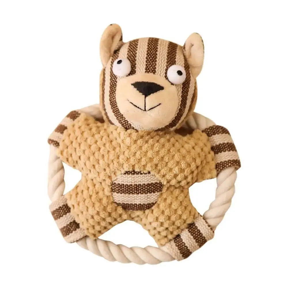 Pet cotton rope toy in bone shape with sound element and canvas covering for dog dental care