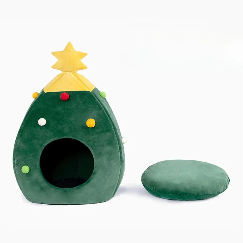Red and green Christmas tree-shaped pet cave bed with removable cushion