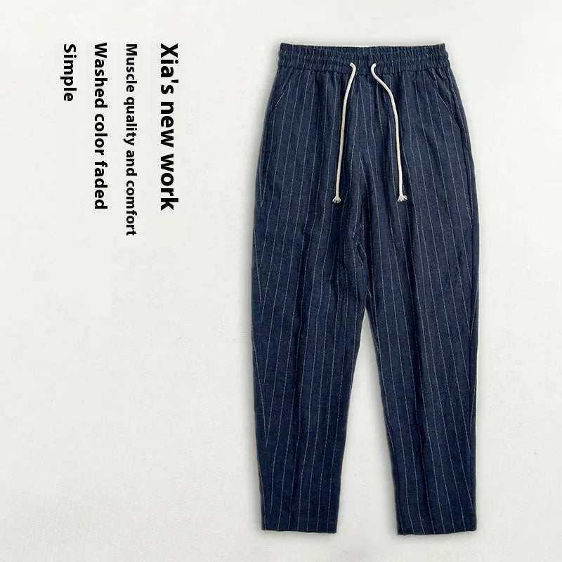Men's striped linen summer trousers in cropped length with cotton-linen blend fabric