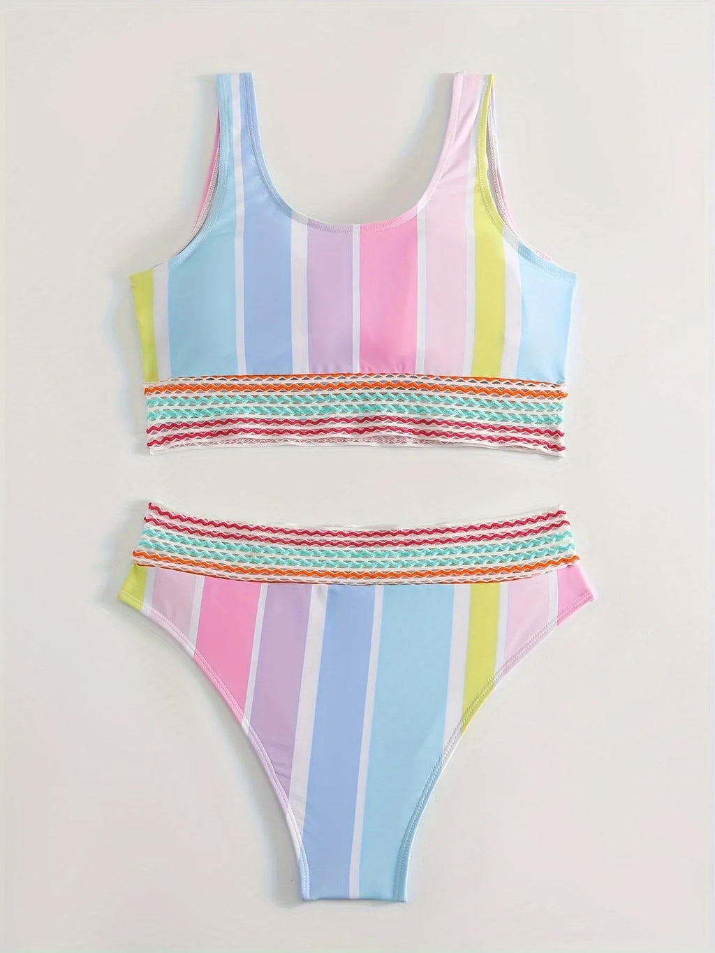 Women's striped bikini set in picture colour, briefs style with spandex lining.