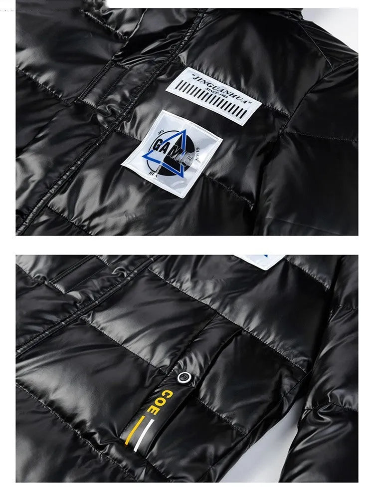 Men's black padded jacket with zip front and zippered pockets on solid background