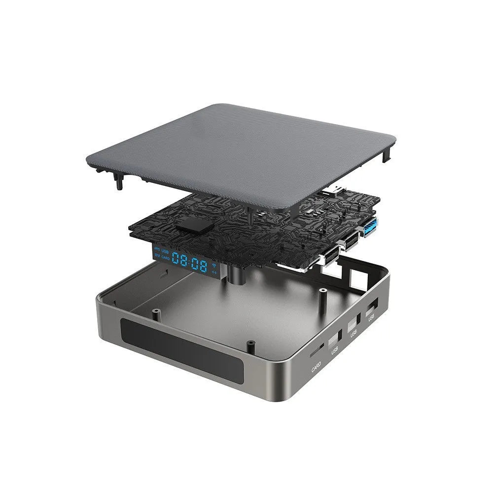 Black Android 8K network set-top box with remote, HDMI cable, and power supply on a wooden surface.