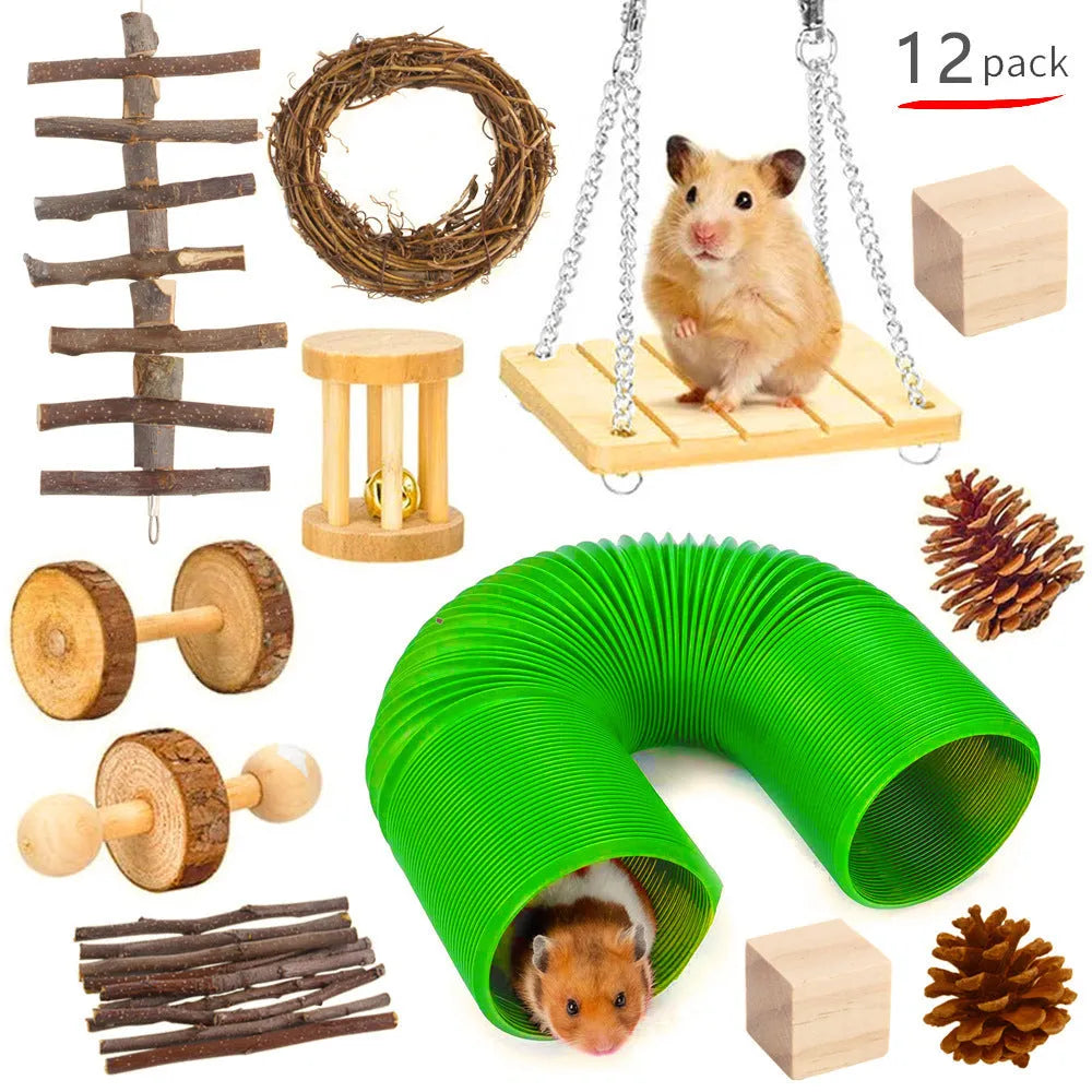 Assortment of natural wooden, straw, and woven toys for small pets including rabbits and parrots.