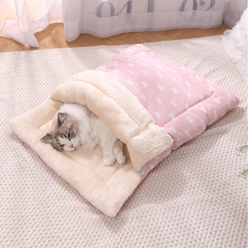 Cat sleeping bag with detachable mat and foldable design in pink colour