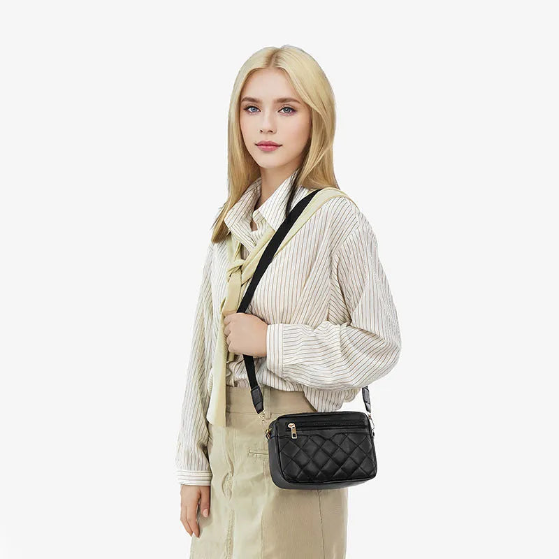 Ladies' single-shoulder embroidered crossbody small square bag in soft PU with diamond grid, 3D pocket, and file pocket.