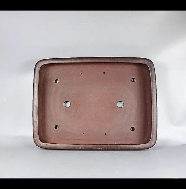 Handmade antique rectangular purple clay flower pot showing its dimensions and natural finish.