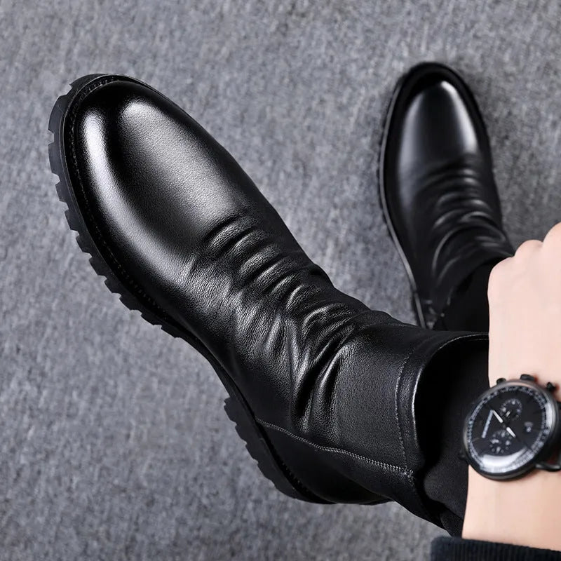 Men's black leather high-top Martin boots with side zipper and wedge heel, winter style